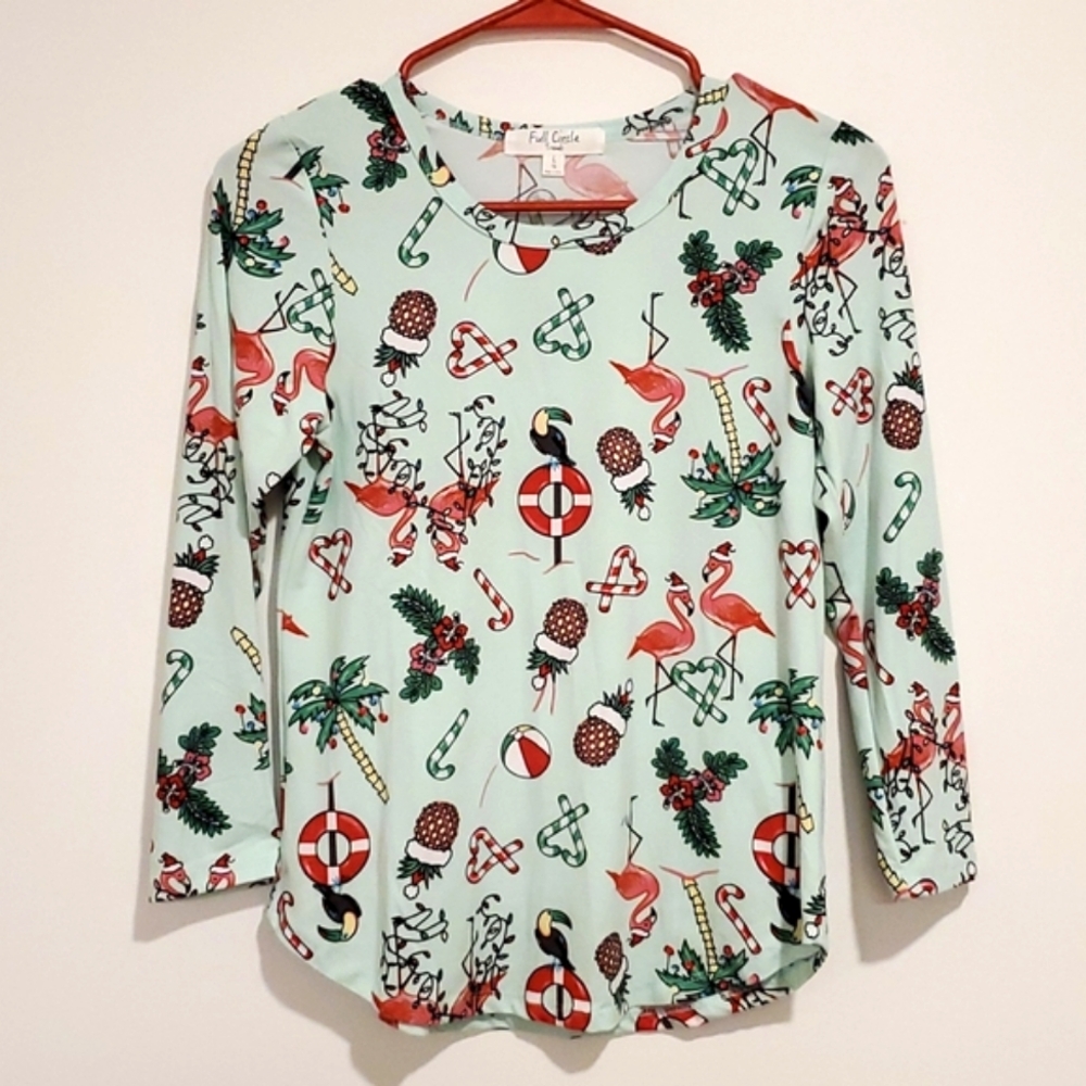 Full Circle Trends tropical print top seasonal holiday Christmas flamingos NWOT